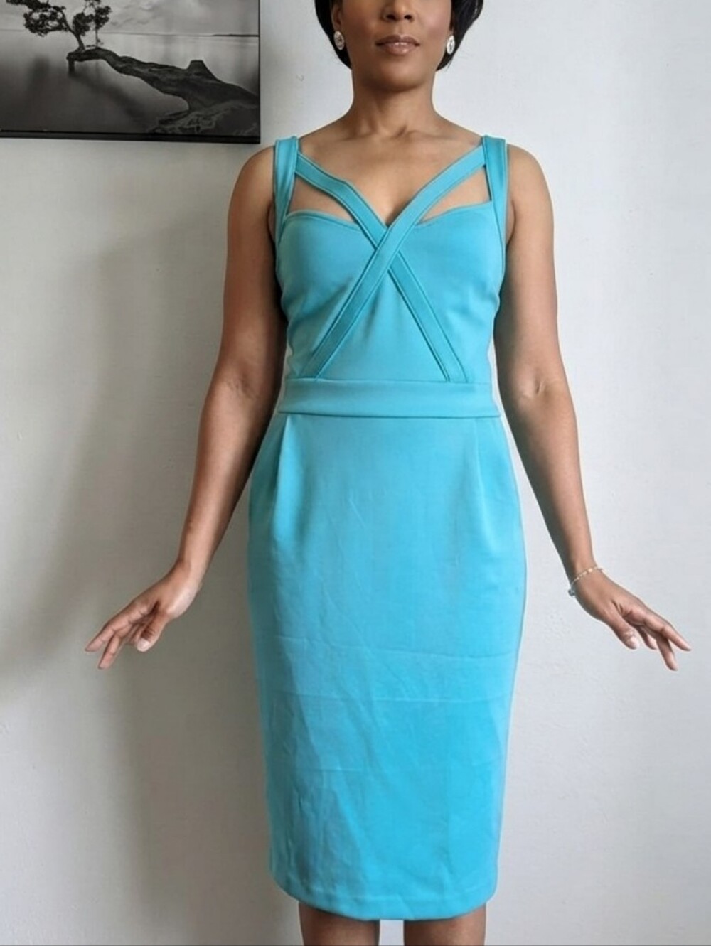 Bold Elements Turquoise Teal Cross Front Strap Midi Pencil Dress XL